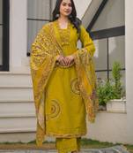 Mustard yellow pure cotton a-line kurta set with applique work and mirror embroidery