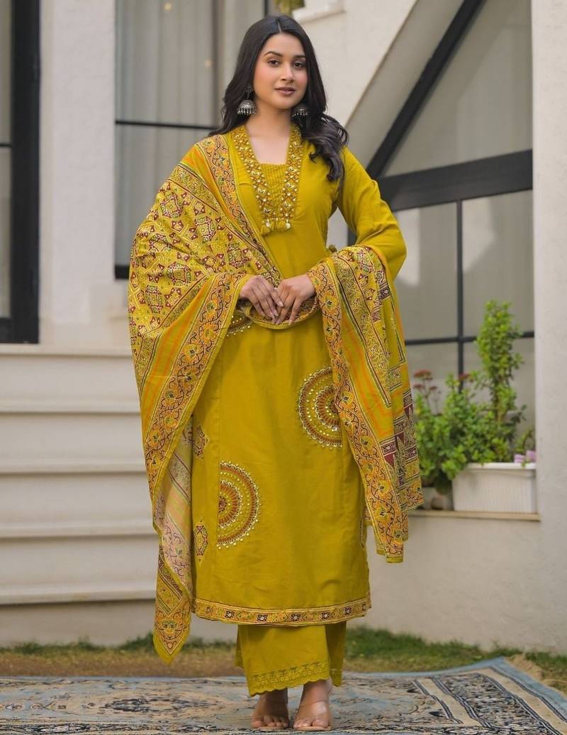 Mustard yellow pure cotton a-line kurta set with applique work and mirror embroidery