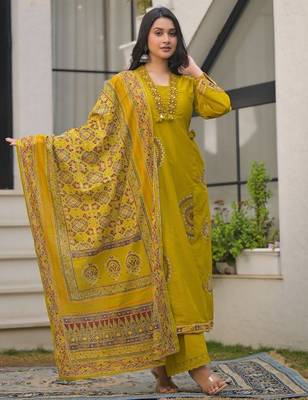 Mustard yellow pure cotton a-line kurta set with applique work and mirror embroidery 2