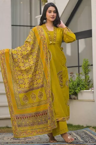 Mustard yellow pure cotton a-line kurta set with applique work and mirror embroidery