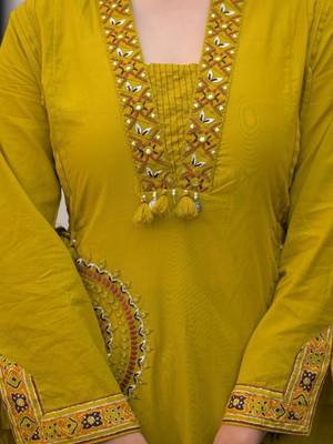 Mustard yellow pure cotton a-line kurta set with applique work and mirror embroidery 3