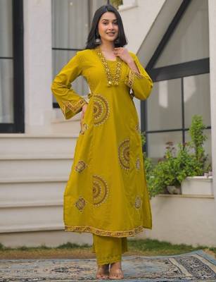 Mustard yellow pure cotton a-line kurta set with applique work and mirror embroidery 4