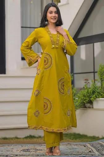 Mustard yellow pure cotton a-line kurta set with applique work and mirror embroidery