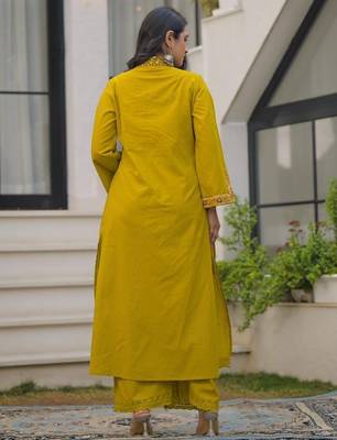 Mustard yellow pure cotton a-line kurta set with applique work and mirror embroidery 5
