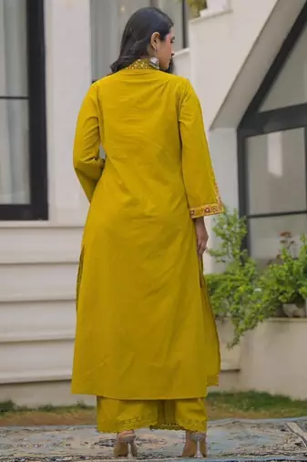 Mustard yellow pure cotton a-line kurta set with applique work and mirror embroidery