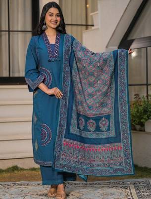 Deep teal blue pure cotton a-line kurta set with applique work and mirror embroidery 1