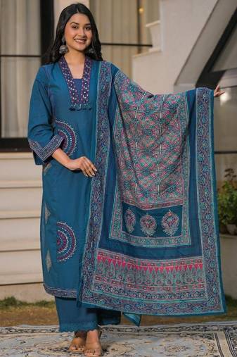 Deep teal blue pure cotton a-line kurta set with applique work and mirror embroidery