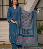 Deep teal blue pure cotton a-line kurta set with applique work and mirror embroidery