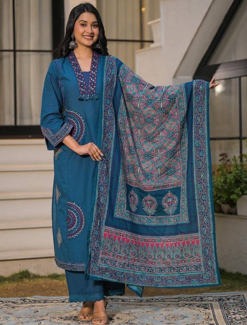 Deep teal blue pure cotton a-line kurta set with applique work and mirror embroidery