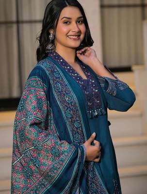 Deep teal blue pure cotton a-line kurta set with applique work and mirror embroidery 2