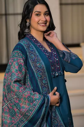 Deep teal blue pure cotton a-line kurta set with applique work and mirror embroidery