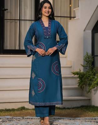 Deep teal blue pure cotton a-line kurta set with applique work and mirror embroidery 3