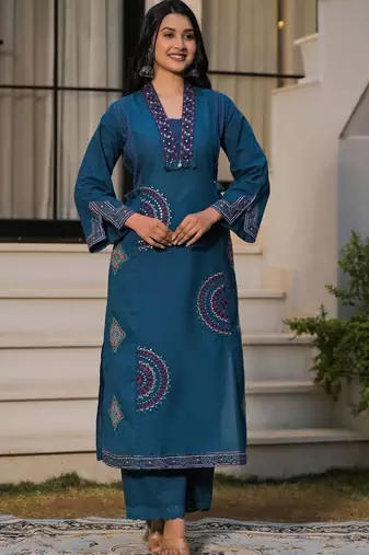 Deep teal blue pure cotton a-line kurta set with applique work and mirror embroidery