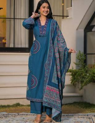 Deep teal blue pure cotton a-line kurta set with applique work and mirror embroidery 4