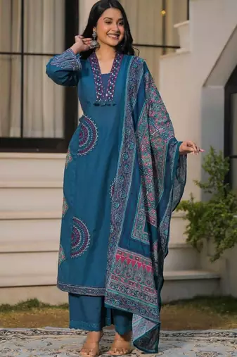 Deep teal blue pure cotton a-line kurta set with applique work and mirror embroidery