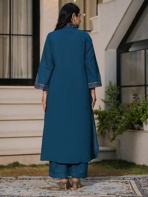 Deep teal blue pure cotton a-line kurta set with applique work and mirror embroidery 5