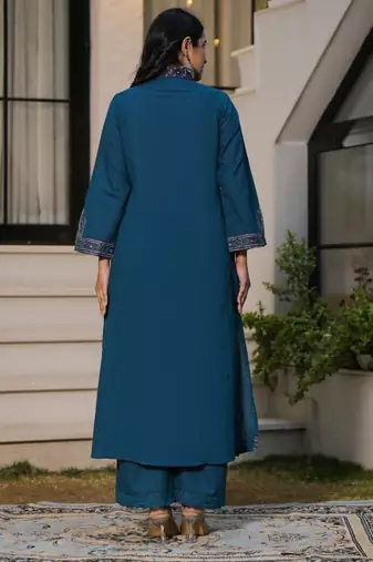 Deep teal blue pure cotton a-line kurta set with applique work and mirror embroidery