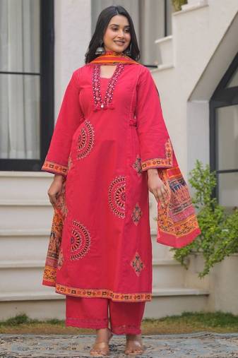 Deep rose pink pure cotton a-line kurta set with applique work and mirror embroidery