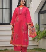 Deep rose pink pure cotton a-line kurta set with applique work and mirror embroidery