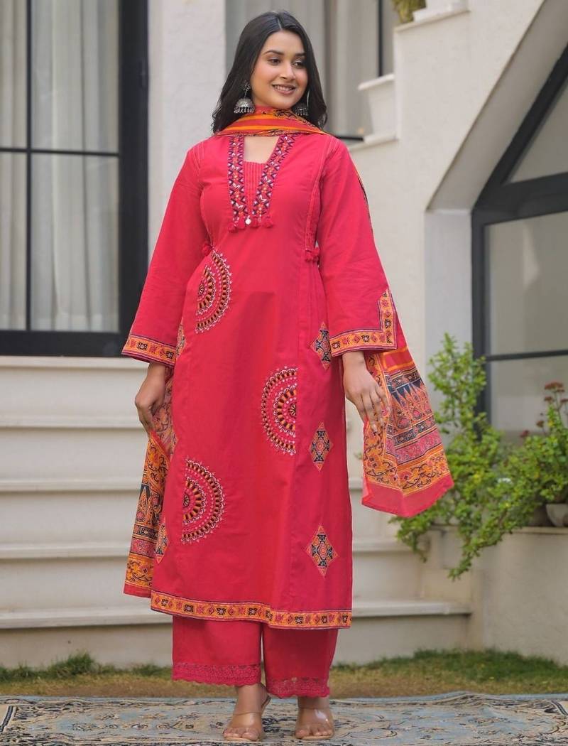 Deep rose pink pure cotton a-line kurta set with applique work and mirror embroidery