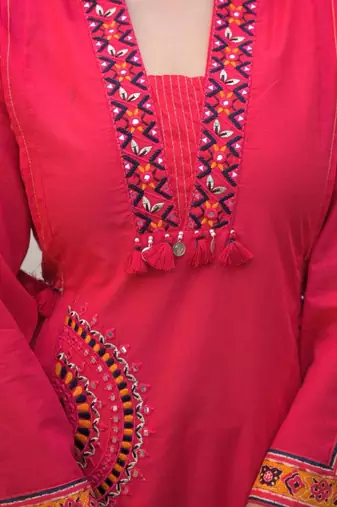 Deep rose pink pure cotton a-line kurta set with applique work and mirror embroidery