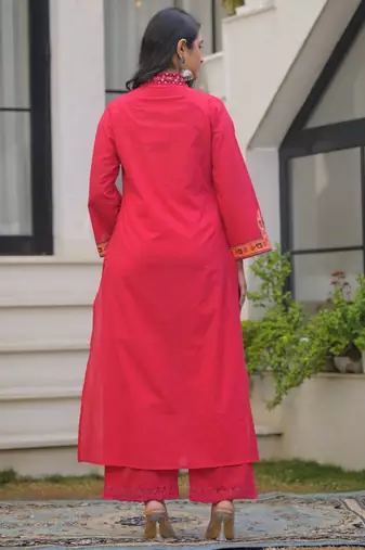 Deep rose pink pure cotton a-line kurta set with applique work and mirror embroidery