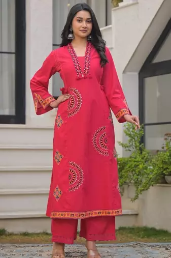 Deep rose pink pure cotton a-line kurta set with applique work and mirror embroidery