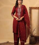 Maroon pure cotton embroidered kurta set with farsi salwar