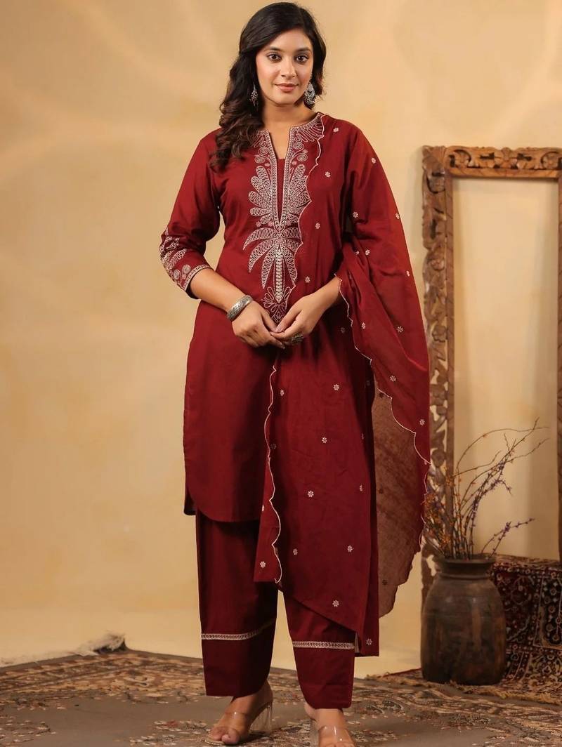 Maroon pure cotton embroidered kurta set with farsi salwar