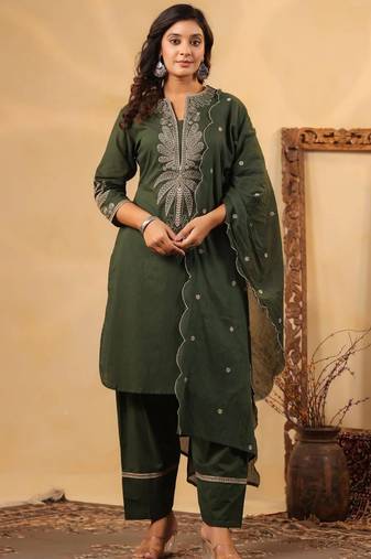 Forest green pure cotton embroidered kurta set with farsi salwar