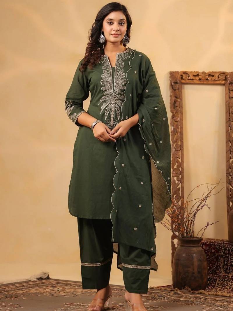 Forest green pure cotton embroidered kurta set with farsi salwar