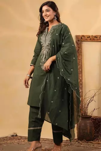 Forest green pure cotton embroidered kurta set with farsi salwar