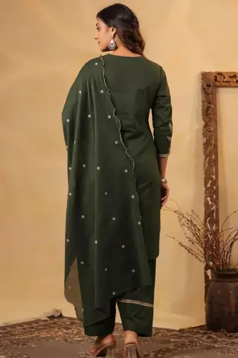 Forest green pure cotton embroidered kurta set with farsi salwar