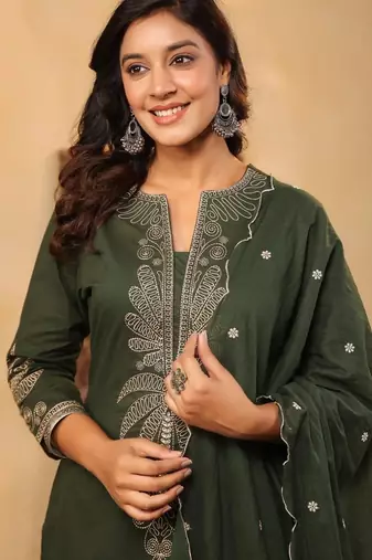 Forest green pure cotton embroidered kurta set with farsi salwar