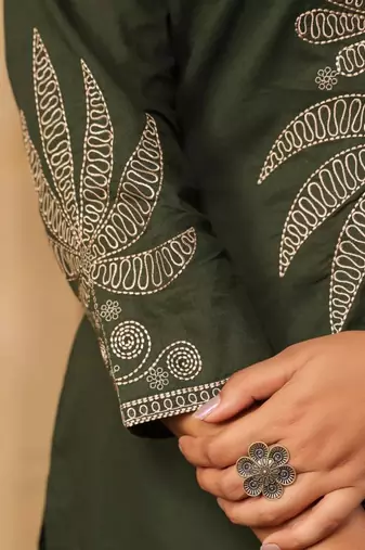 Forest green pure cotton embroidered kurta set with farsi salwar