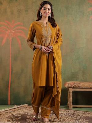 Mustard pure cotton embroidered kurta set with farsi salwar 1