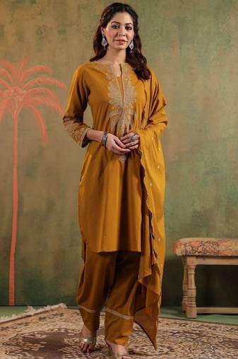 Mustard pure cotton embroidered kurta set with farsi salwar