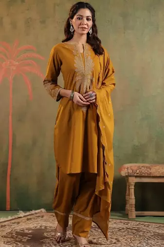Mustard pure cotton embroidered kurta set with farsi salwar