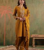 Mustard pure cotton embroidered kurta set with farsi salwar