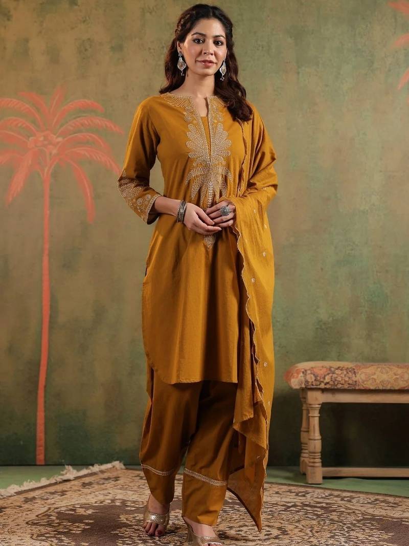 Mustard pure cotton embroidered kurta set with farsi salwar