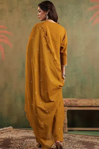 Mustard pure cotton embroidered kurta set with farsi salwar