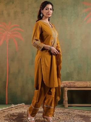 Mustard pure cotton embroidered kurta set with farsi salwar 3