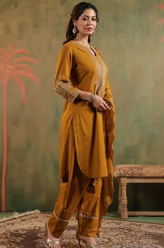 Mustard pure cotton embroidered kurta set with farsi salwar