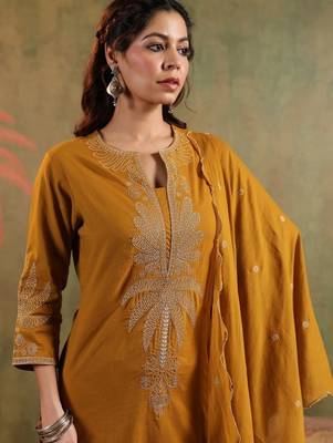 Mustard pure cotton embroidered kurta set with farsi salwar 4