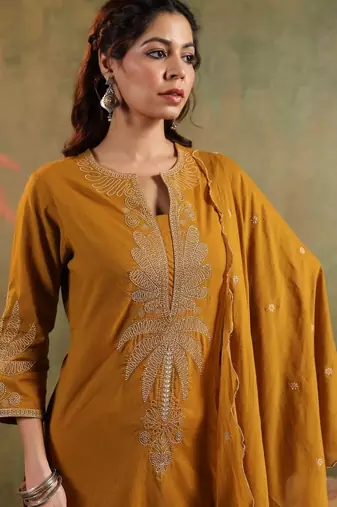 Mustard pure cotton embroidered kurta set with farsi salwar