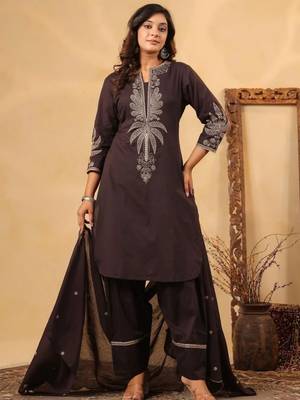 Dark brown pure cotton embroidered kurta set with farsi salwar 1