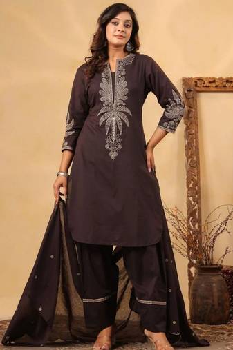 Dark brown pure cotton embroidered kurta set with farsi salwar
