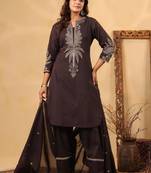 Dark brown pure cotton embroidered kurta set with farsi salwar
