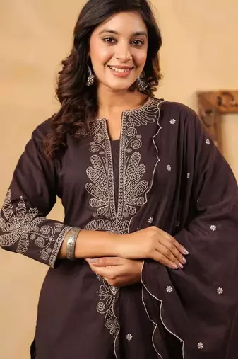 Dark brown pure cotton embroidered kurta set with farsi salwar