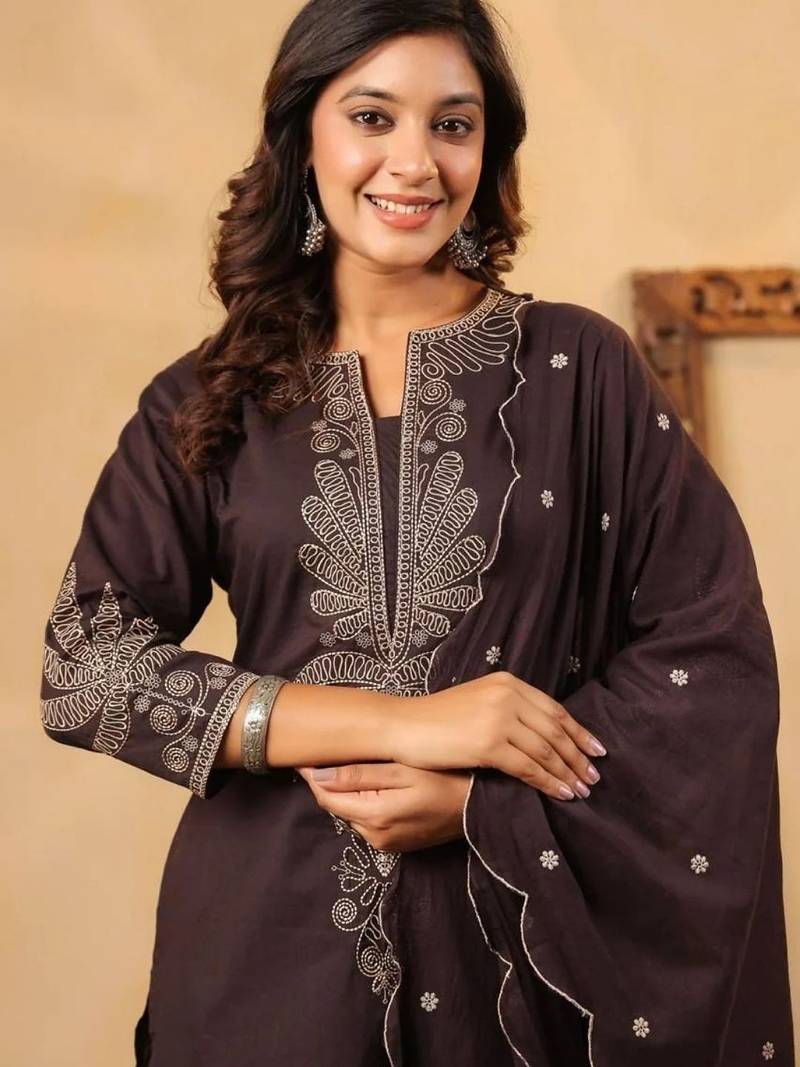 Dark brown pure cotton embroidered kurta set with farsi salwar
